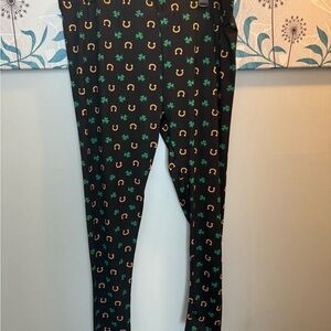 Women’s St Patrick’s Day Black Leggings Green Clover & Gold Horseshoe SX XL NEW